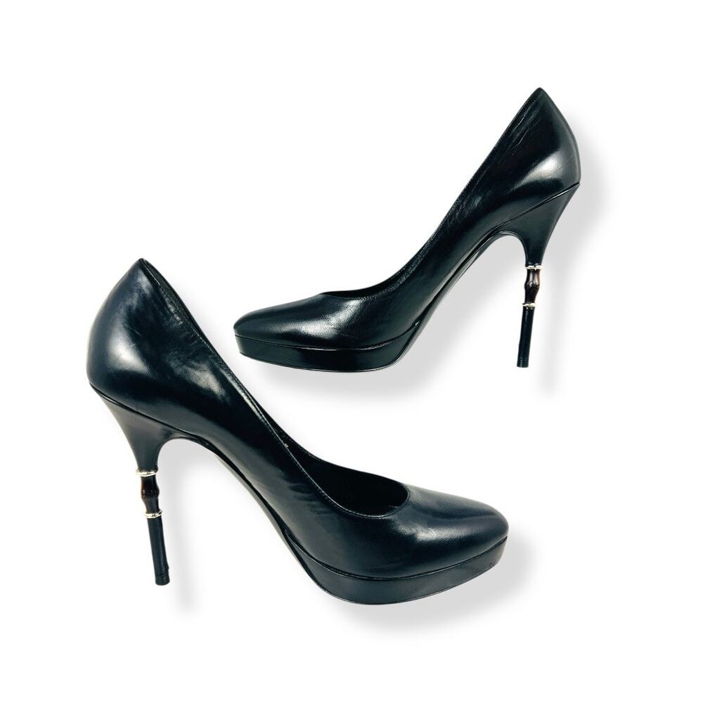 Gucci Malibu Bamboo Heel Platform Pumps Black Leather Frida Giannini 37 - Picture 3 of 6